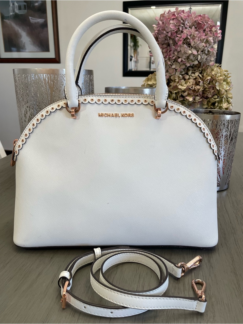 Michael Kors White Dome Satchel with Rose Gold Accents